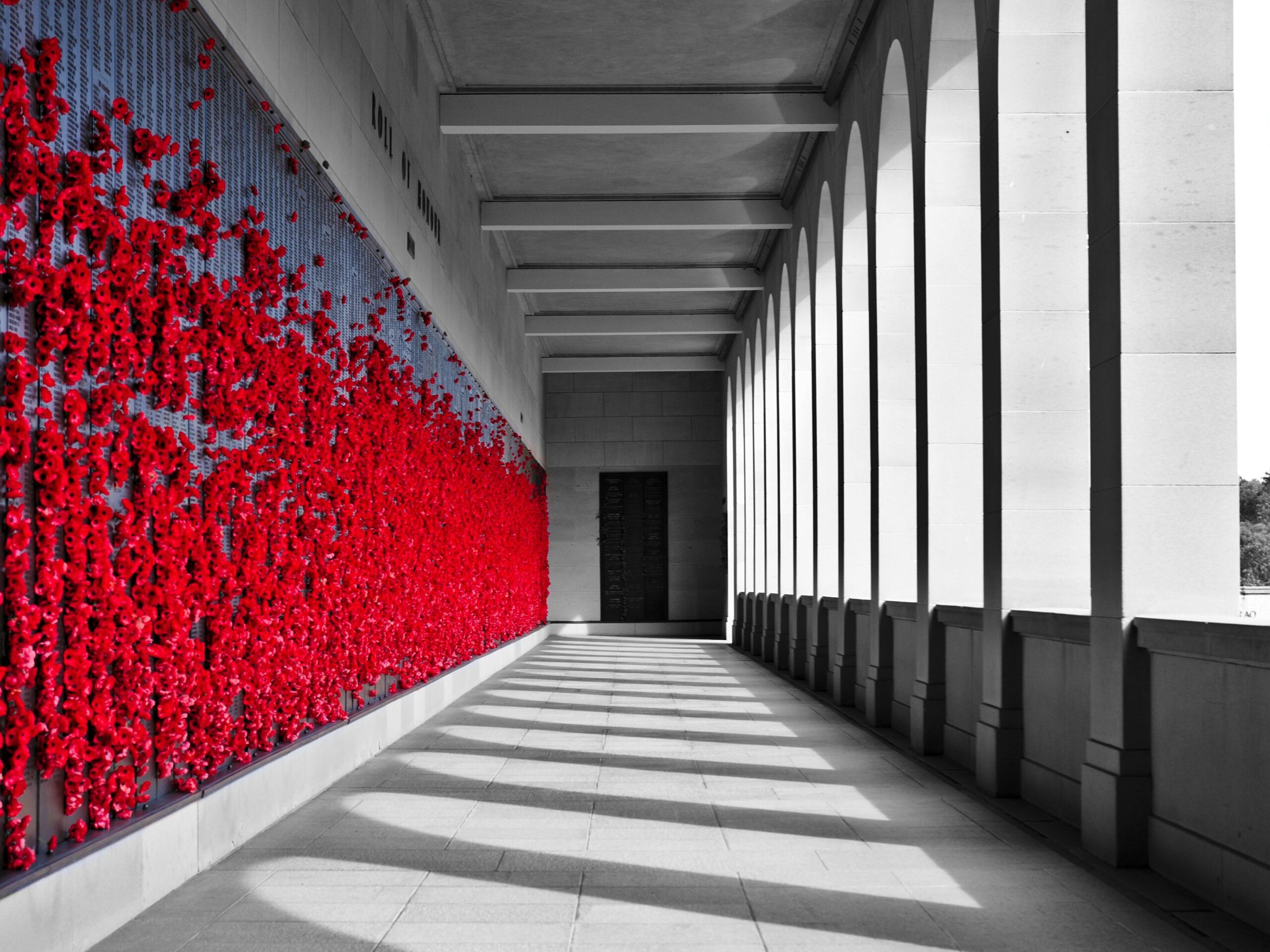 Striking indoor corridor with bright red flowers adorning the wall, creating a bold contrast against archways.